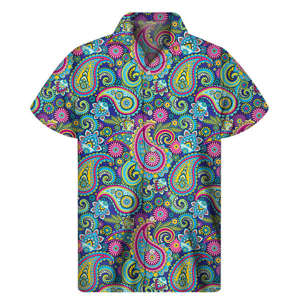 Vibrant Hawaiian Paradise: Men's Colorful Paisley Pattern Short Sleeve Shirt